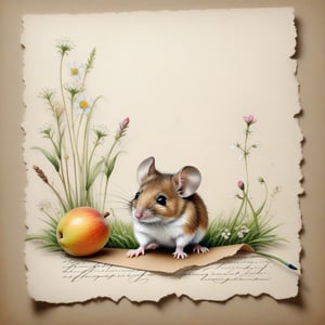 ((ultra realistic photo)), artistic sketch art, Make a little WHITE LINE pencil sketch of a cute LITTLE MOUSE on an old TORN EDGE paper , art, textures, pure perfection, high definition, LITTLE FRUITS around, TINY DELICATE FLOWERS, GRASS FIBERS on the paper, little calligraphy text