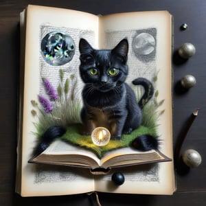 ((ultra realistic photo)), artistic sketch art, Make a little pencil sketch of a CUTE BLACK CAT on an old TORNed EDGE BOOK PAGE , art, textures, pure perfection, high definition, feather around, DELICATE FLOWERS, ball of yarn, SHINY COIN, grass fiber on the paper, LITTLE MOON, MOONLIGHT, TINY MUSHROOM, PETALS, SPIDERWEB, CRYSTAL, MOSS FIBER , TEALIGHT, DELICATE CELTIC ORNAMENT, BUNCH OF KEYS, detailed calligraphy text, tiny delicate drawings, DISORDERED