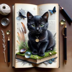 ((ultra realistic photo)), artistic sketch art, Make a little pencil sketch of a CUTE BLACK CAT on an old TORN EDGE BOOK PAGE , art, textures, pure perfection, high definition, feather around, DELICATE FLOWERS, ball of yarn, SHINY COIN, grass fiber on the paper, LITTLE MOON, MOONLIGHT, TINY MUSHROOM, SPIDERWEB, CRYSTAL, MOSS FIBER , TEALIGHT, DELICATE CELTIC ORNAMENT, BUNCH OF KEYS, detailed calligraphy text, tiny delicate drawings,BookScenic