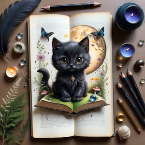 ((ultra realistic photo)), artistic sketch art, Make a little pencil sketch of a CUTE BLACK CAT on an old TORN edge BOOK PAGE , art, textures, pure perfection, high definition, feather around, DELICATE FLOWERS, ball of yarn, SHINY COIN, grass fiber on the paper, LITTLE MOON, MOONLIGHT, TINY MUSHROOM, PETALS, SPIDERWEB, CRYSTAL, MOSS , TEALIGHT, DELICATE CELTIC drawings, BUNCH OF KEYS, detailed calligraphy text, tiny delicate drawings, DISORDERED,map,stworki
