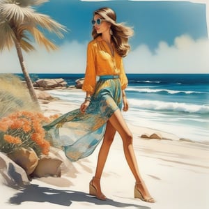 young girl , lazy hair style, long legs, Riviera spring beach near the ocean (full body shot). Modifiers:modern colorful illustration style VINTAGE fashion illustration, Coby Whitmore, Leyendecker ART, VINTAGE 1960s hippie boho fashion illustration, whimsical style, intricately textured and detailed, Pomological Watercolor, depth of field, ultra quality ,ink art, transparent fading