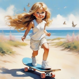long haired CUTE 10 year old (BLUE EYED girl in WHITE SKATEBOARDING CLOTHES) walking in the spring time beach with a cute puppy, little birds on the sky. Modifiers: Bob peak ART STYLE, Coby Whitmore ART style, fashion magazine illustration,
