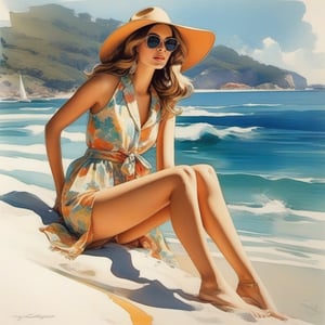 young girl , lazy hair style, long legs, Riviera spring beach near the ocean (full body shot). Modifiers:modern colorful illustration style VINTAGE fashion illustration, Coby Whitmore, Leyendecker ART, VINTAGE 1960s hippie boho fashion illustration, whimsical style, intricately textured and detailed, Pomological Watercolor, depth of field, ultra quality ,ink art, transparent fading