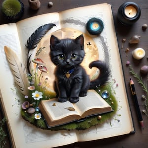 ((ultra realistic photo)), artistic sketch art, Make a little pencil sketch of a CUTE BLACK CAT on an old TORN edge BOOK PAGE , art, textures, pure perfection, high definition, feather around, DELICATE FLOWERS, ball of yarn, SHINY COIN, grass fiber on the paper, LITTLE MOON, MOONLIGHT, TINY MUSHROOM, PETALS, SPIDERWEB, CRYSTAL, MOSS , TEALIGHT, DELICATE CELTIC ORNAMENT, BUNCH OF KEYS, detailed calligraphy text, tiny delicate drawings, DISORDERED,map,stworki
