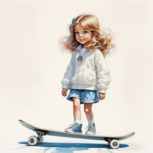 long haired CUTE 10 year old (BLUE EYED girl in WHITE SKATEBOARDING CLOTHES) walking in the spring time beach street with a cute puppy, little birds on the sky. Modifiers: Bob peak ART STYLE, Coby Whitmore ART style, fashion magazine illustration,