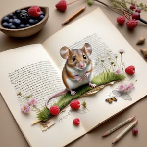 ((ultra realistic photo)), artistic sketch art, Make a little WHITE LINE pencil sketch of a cute tiny MOUSE on an old TORN EDGE paper , art, textures, pure perfection, high definition, LITTLE FRUITS, butterfly, berry, DELICATE FLOWERS, CLUSTER OF GRASS  on the paper, little calligraphy text, little drawings,Text: Szilvi,text as "",BookScenic