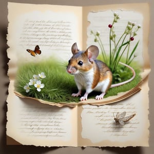 ((ultra realistic photo)), artistic sketch art, Make a little WHITE LINE pencil sketch of a cute tiny MOUSE on an old TORN EDGE paper , art, textures, pure perfection, high definition, LITTLE FRUITS, butterfly, berry, DELICATE FLOWERS,grass fiber, CLUSTER OF GRASS  on the paper, little calligraphy text, little drawings, Text: Szilvi,text as "",BookScenic