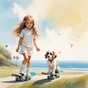 long haired 10 year old (BLUE EYED girl in WHITE SKATEBOARDING CLOTHES) walking in the spring time beach with a cute puppy, little birds on the sky. Modifiers: Bob peak ART STYLE, Coby Whitmore ART style, fashion magazine illustration,