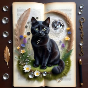 ((ultra realistic photo)), artistic sketch art, Make a little pencil sketch of a CUTE BLACK CAT on an old TORN EDGE BOOK PAGE , art, textures, pure perfection, high definition, feather around, DELICATE FLOWERS, ball of yarn, SHINY COIN, grass fiber on the paper, LITTLE MOON, MOONLIGHT, TINY MUSHROOM, PETALS, SPIDERWEB, CRYSTAL, MOSS FIBER , TEALIGHT, DELICATE CELTIC ORNAMENT, BUNCH OF KEYS, detailed calligraphy text, tiny delicate drawings, DISORDERED