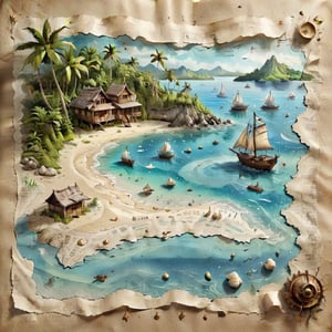 ((ultra ARTISTIC sketch)), (artistic sketch art), Make a 3d DETAILED old torn paper map (a detailed Sketch on the paper about a treasure map) the paper scroll lay on the TROPICAL BAY SANDY BEACH,  some tiny SEA SHELLS , tiny sailing ship, tiny bungalow