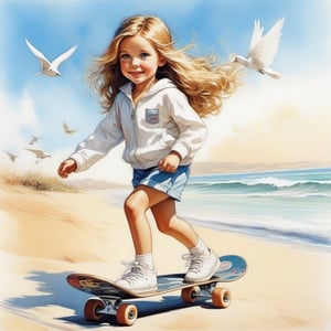 long haired HAPPY 10 year old (BLUE EYED girl in WHITE SKATEBOARDING CLOTHES) walking in the spring time beach with a cute puppy, little birds on the sky. Modifiers: Bob peak ART STYLE, Coby Whitmore ART style, fashion magazine illustration,