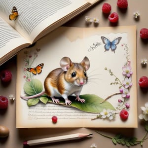 ((ultra realistic photo)), artistic sketch art, Make a little WHITE LINE pencil sketch of a cute tiny MOUSE on an old TORN EDGE paper , art, textures, pure perfection, high definition, LITTLE FRUITS, butterfly, berry, DELICATE FLOWERS, GRASS  on the paper, little calligraphy text, little drawings,Text: Szilvi,text as "",BookScenic