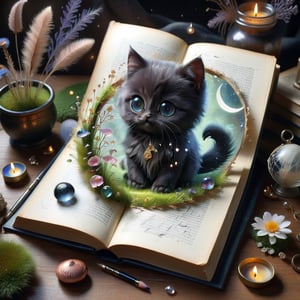 ((ultra realistic photo)), artistic sketch art, Make a little pencil sketch of a CUTE BLACK CAT on an old TORN edge BOOK PAGE , art, textures, pure perfection, high definition, feather around, DELICATE FLOWERS, ball of yarn, SHINY COIN, grass fiber on the paper, LITTLE MOON, MOONLIGHT, TINY MUSHROOM, PETALS, SPIDERWEB, CRYSTAL, MOSS , TEALIGHT, DELICATE CELTIC ORNAMENT, BUNCH OF KEYS, detailed calligraphy text, tiny delicate drawings, DISORDERED,map,stworki
