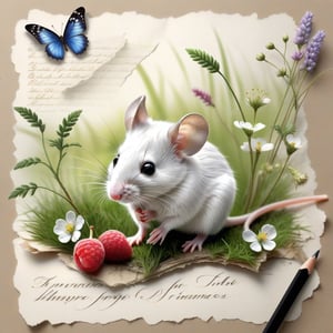 ((ultra realistic photo)), artistic sketch art, Make a little WHITE LINE pencil sketch of a cute tiny MOUSE on an old TORN EDGE paper , art, textures, pure perfection, high definition, LITTLE FRUITS, butterfly, berry, DELICATE FLOWERS ,grass fiber, BUNCH OF GRASS  on the paper, little calligraphy text, little drawings, Text: "Szilvia",text as "",BookScenic