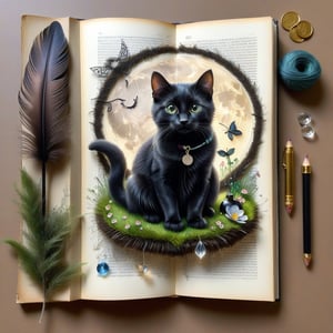 ((ultra realistic photo)), artistic sketch art, Make a little pencil sketch of a CUTE BLACK CAT on an old TORN EDGE BOOK PAGE , art, textures, pure perfection, high definition, feather around, DELICATE FLOWERS, ball of yarn, SHINY COIN, grass fiber on the paper, LITTLE MOON, MOONLIGHT, TINY MUSHROOM, SPIDERWEB, CRYSTAL, MOSS FIBER, TEA LEAF , TEALIGHT, DELICATE CELTIC ORNAMENT, BUNCH OF KEYS, detailed calligraphy text, tiny delicate drawings,BookScenic