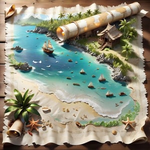 ((ultra ARTISTIC sketch)), (artistic sketch art), Make a 3d DETAILED old torn paper scroll (a detailed Sketch on the paper about a treasure map) the paper scroll lay on the TROPICAL BAY SANDY BEACH,  some tiny SEA SHELLS , tiny sailing ship, tiny bungalows,