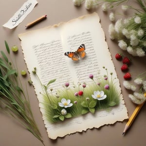 ((ultra realistic photo)), artistic sketch art, Make a little WHITE LINE pencil sketch of a cute tiny! MOUSE on an old TORN EDGE paper , art, textures, pure perfection, high definition, LITTLE FRUITS, butterfly, berry, DELICATE FLOWERS ,grass fiber, BUNCH OF GRASS  on the paper, little calligraphy text, little drawings, Text: "Szilvia",text as "",BookScenic