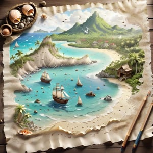 ((ultra ARTISTIC sketch)), (artistic sketch art), Make a 3d DETAILED old torn paper scroll (a detailed Sketch on the paper about a treasure map) the paper scroll lay on the TROPICAL BAY SANDY BEACH,  some tiny SEA SHELLS , tiny sailing ship, tiny bungalows, tiny clouds, tiny treasure chest, DISORDERED,(Pencil_Sketch:1.2
