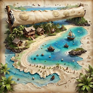 ((ultra ARTISTIC sketch)), (artistic sketch art), Make a 3d DETAILED old torn paper map (a detailed Sketch on the paper about a treasure map) the paper scroll lay on the TROPICAL BAY SANDY BEACH,  some tiny SEA SHELLS , tiny sailing ship, tiny bungalows,on parchment