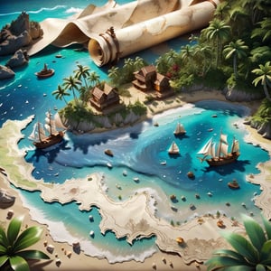 ((ultra ARTISTIC sketch)), (artistic sketch art), Make a 3d DETAILED old torn paper map (a detailed Sketch on the paper about a treasure map) the paper scroll lay on the TROPICAL BAY SANDY BEACH,  some tiny SEA SHELLS , tiny sailing ship, tiny bungalow,Mecha