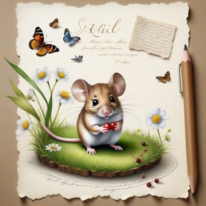 ((ultra realistic photo)), artistic sketch art, Make a little WHITE LINE pencil sketch of a cute tiny MOUSE on an old TORN EDGE paper , art, textures, pure perfection, high definition, LITTLE FRUITS, butterfly, berry, DELICATE FLOWERS ,grass fiber, CLUSTER OF GRASS  on the paper, little calligraphy text, little drawings, Text: "Szilvi",text as "",BookScenic