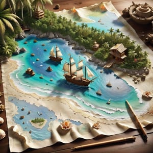 ((ultra ARTISTIC sketch)), (artistic sketch art), Make a 3d DETAILED old torn paper map (a detailed Sketch on the paper about a treasure map) the paper scroll lay on the TROPICAL BAY SANDY BEACH,  some tiny SEA SHELLS , tiny sailing ship, tiny bungalows,