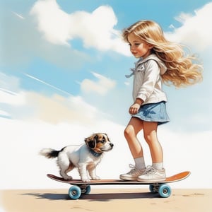 long haired CUTE 11 year old (BLUE EYED girl in WHITE SKATEBOARDING CLOTHES) walking in the spring time beach with a cute puppy, little birds on the sky. Modifiers: Bob peak ART STYLE, Coby Whitmore ART style, fashion magazine illustration,