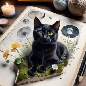 ((ultra realistic photo)), artistic sketch art, Make a little pencil sketch of a CUTE BLACK CAT on an old TORN edge BOOK PAGE , art, textures, pure perfection, high definition, feather around, DELICATE FLOWERS, ball of yarn, SHINY COIN, grass fiber on the paper, LITTLE MOON, MOONLIGHT, TINY MUSHROOM, PETALS, SPIDERWEB, CRYSTAL, MOSS , TEALIGHT, DELICATE CELTIC ORNAMENT, BUNCH OF KEYS, detailed calligraphy text, tiny delicate drawings, DISORDERED