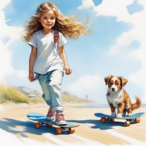 long haired CUTE 11 year old (BLUE EYED girl in WHITE SKATEBOARDING CLOTHES) walking in the spring time beach with a cute puppy, little birds on the sky. Modifiers: Bob peak ART STYLE, Coby Whitmore ART style, fashion magazine illustration,