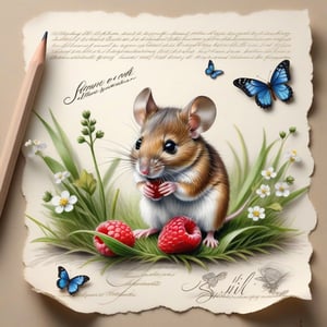 ((ultra realistic photo)), artistic sketch art, Make a little WHITE LINE pencil sketch of a cute tiny MOUSE on an old TORN EDGE paper , art, textures, pure perfection, high definition, LITTLE FRUITS, butterfly, berry, DELICATE FLOWERS ,grass fiber, BUNCH OF GRASS  on the paper, little calligraphy text, little drawings, Text: "Szilvia",text as "",BookScenic