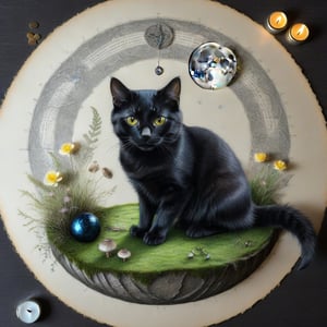 ((ultra realistic photo)), artistic sketch art, Make a little pencil sketch of a CUTE BLACK CAT on an old TORNd EDGE map , art, textures, pure perfection, high definition, feather around, DELICATE FLOWERS, ball of yarn, SHINY COIN, grass fiber on the paper, LITTLE MOON, MOONLIGHT, TINY MUSHROOM, PETALS, SPIDERWEB, CRYSTAL, MOSS , TEALIGHT, DELICATE CELTIC ORNAMENT, BUNCH OF KEYS, detailed calligraphy text, tiny delicate drawings, DISORDERED