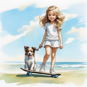 long haired CUTE 10 year old (BLUE EYED girl in WHITE SKATEBOARDING CLOTHES) walking in the spring time beach with a cute puppy, little birds on the sky. Modifiers: Coby Whitmore ART style, fashion magazine illustration,