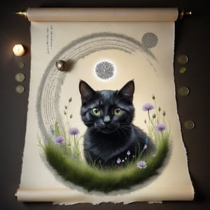 ((ultra realistic photo)), artistic sketch art, Make a little pencil sketch of a CUTE BLACK CAT on an old TORN edge PARCHMENT scroll , art, textures, pure perfection, high definition, feather around, DELICATE FLOWERS, ball of yarn, SHINY COIN, grass fiber on the paper, LITTLE MOON, MOONLIGHT, TINY MUSHROOM, PETALS, SPIDERWEB, CRYSTAL, MOSS , TEALIGHT, DELICATE CELTIC ORNAMENT, BUNCH OF KEYS, detailed calligraphy text, tiny delicate drawings, DISORDERED