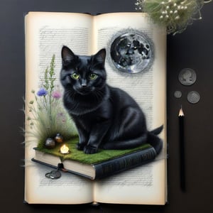 ((ultra realistic photo)), artistic sketch art, Make a little pencil sketch of a CUTE BLACK CAT on an old TORNd EDGE BOOK PAGE , art, textures, pure perfection, high definition, feather around, DELICATE FLOWERS, ball of yarn, SHINY COIN, grass fiber on the paper, LITTLE MOON, MOONLIGHT, TINY MUSHROOM, PETALS, SPIDERWEB, CRYSTAL, MOSS FIBER , TEALIGHT, DELICATE CELTIC ORNAMENT, BUNCH OF KEYS, detailed calligraphy text, tiny delicate drawings, DISORDERED