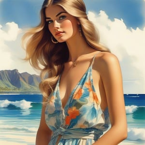 young girl , lazy long hair style, long legs, blue eyes, Hawaii spring beach near the ocean (full body shot). Modifiers:modern colorful illustration style VINTAGE fashion illustration, Coby Whitmore, Leyendecker ART, VINTAGE 1960s hippie boho fashion illustration, whimsical style, intricately textured and detailed, Pomological Watercolor, depth of field, ultra quality ,ink art, transparent fading