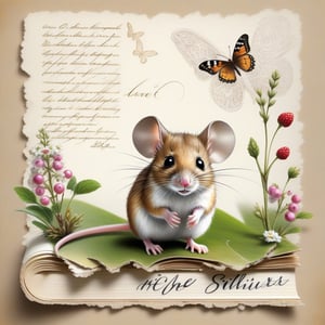 ((ultra realistic photo)), artistic sketch art, Make a little WHITE LINE pencil sketch of a cute tiny MOUSE on an old TORN EDGE paper , art, textures, pure perfection, high definition, LITTLE FRUITS, butterfly, berry, DELICATE FLOWERS,grass fiber, CLUSTER OF GRASS  on the paper, little calligraphy text, little drawings,Text: Szilvi,text as "",BookScenic