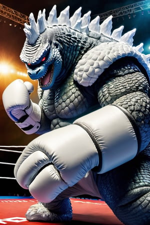Godzilla ,
Boxing arena,
Boxing gloves,
White gloves,
Fight ,

