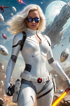 Easter eggs ,
Female super hero,
(White) Deadpool hovers above a vast battlefield, surrounded by starships and laser fire. 
White and grey costume,
She is wearing a detailed Star Wars-inspired costume, 

her eyes glowing with power, and her signature white suit gleaming in the light. 

The symbiote is oozing off of her , creating a menacing aura. 
Easter eggs in the space,
She raises her hands, and a wave of white energy sweeps across the battlefield, destroying his enemies. 
The final image is rendered in a hyperrealistic style with a vibrant color palette, capturing the epic scale of the battle and the power of White Deadpool.

#Def12,disney pixar style