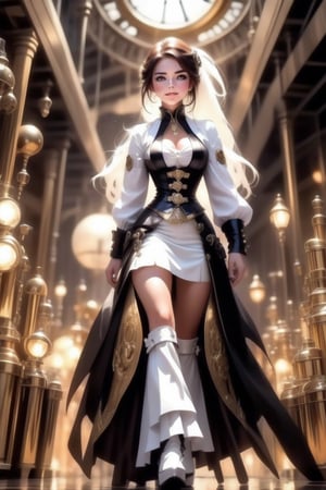 (+18) ,
HZ steampunk,
Masterpiece, 
highres,
natural volumetric lighting and best shadows,
highly detailed face, 
highly detailed facial features, 
1sexy girl, 
steampunk, 
solo, full body shot,
White Boots,
Glowing black eyes, 
breasts, navel, 
White and black hair, 
cleavage,
very light smile, 
looking at viewer, 
midriff, 
Silver bustier, 
Victorian Long jacket,
Black and White stripes jacket,
Glowing outlines ,
long hair, lips, 
earrings, 
medium breasts, 
freckles, 
Silver Mini skirt,
Visible ample pussy,
Outline pussy,
belt,ste4mpunk,outline