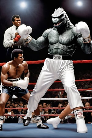 Godzilla ,
Boxing arena,
Boxing gloves,
White gloves,
Fight ,
Mohammed Ali ,
Silver Cape,

