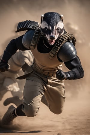 anthro (honey badger:1.1) | 
wearing military combat wear | war setting | perfect symmetry, fine detail, 
Running,
Soldiers,
Motion photography,
Weapon,
((M16)) ,
intricate, stunning, highly detailed, 
sharp focus, magical atmosphere, 
novel, fantastic, 
epic, cinematic, 
directed, full color, best, light,action shot