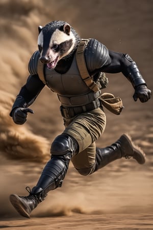 anthro (honey badger:1.1) | 
wearing military combat wear | war setting | perfect symmetry, fine detail, 
Running,
Motion photography,
Weapon,
M16,
intricate, stunning, highly detailed, 
sharp focus, magical atmosphere, 
novel, fantastic, 
epic, cinematic, 
directed, full color, best, light,action shot