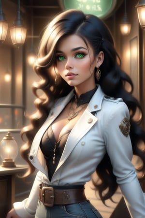 (+18) ,
HZ steampunk,
Masterpiece, 
highres,
natural volumetric lighting and best shadows,
highly detailed face, 
highly detailed facial features, 
1girl, steampunk, 
solo, full body shot,
Glowing green eyes, 
breasts, navel, 
White and black hair, 
cleavage,
very light smile, 
looking at viewer, 
midriff, 
White bustier, 
Victorian Long jacket,
White jacket,
Black outlines ,
long hair, lips, 
jewelry, 
earrings, 
medium breasts, 
freckles, 
belt,ste4mpunk,outline