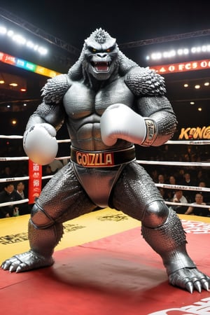 Godzilla ,
Boxing arena,
Boxing gloves,
White gloves,
Fight King Kong,
Silver Cape,
