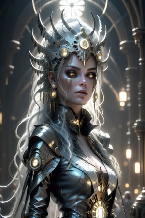 (+18) ,
HZ steampunk,
Masterpiece, 
highres,
natural volumetric lighting and best shadows,
highly detailed face, 
highly detailed facial features, 
1sexy girl, 
steampunk, 
solo, full body shot,
White Boots,
Glowing black eyes, 
breasts, navel, 
White and black hair, 
cleavage,
very light smile, 
looking at viewer, 
Black midriff, 
Silver bustier, 
Victorian Long jacket,
Black and White stripes jacket,
Glowing outlines ,
long hair, lips, 
earrings, 
medium breasts, 
freckles, 
Silver Mini skirt,
Visible ample pussy,
Outline pussy,
belt,ste4mpunk,outline,booth