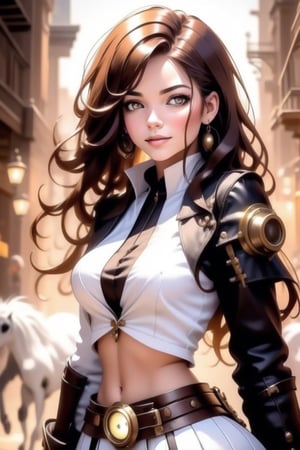 (+18) ,
HZ steampunk,
Masterpiece, 
highres,
natural volumetric lighting and best shadows,
highly detailed face, 
highly detailed facial features, 
1sexy girl, 
steampunk, 
solo, full body shot,
White Boots,
Glowing black eyes, 
breasts, navel, 
White and black hair, 
cleavage,
very light smile, 
looking at viewer, 
midriff, 
White bustier, 
Victorian Long jacket,
White jacket,
Black outlines ,
long hair, lips, 
earrings, 
medium breasts, 
freckles, 
White Mini skirt,
Visible ample pussy,
Outline pussy,
belt,ste4mpunk,outline