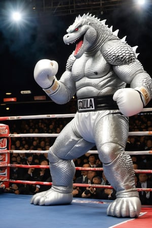 Godzilla ,
Boxing arena,
Boxing gloves,
White gloves,
Fight ,
Silver Cape,
