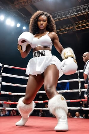 Giant white King Kong ,
Boxing arena,
Boxing gloves,
White gloves,
Fight ,
Beautiful sexy African girl,

