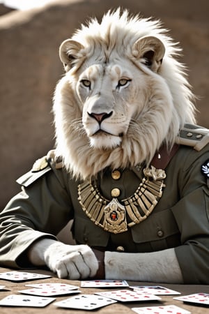 anthro White (Lion:1.1) | 
wearing military combat wear | war setting | perfect symmetry, fine detail, 
Playing cards with African Lady ,
Soldiers,
Motion photography,
((Weapon)) ,
((M16)) ,
intricate, stunning, highly detailed, 
sharp focus, magical atmosphere, 
novel, fantastic, 
epic, cinematic, 
directed, full color, best, light,action shot