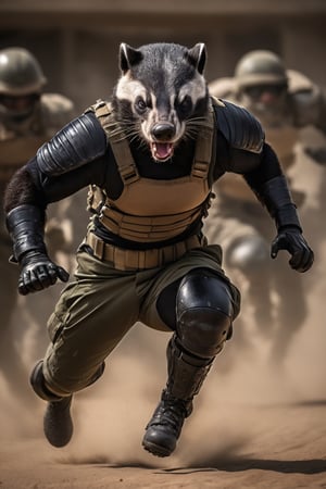 anthro (honey badger:1.1) | 
wearing military combat wear | war setting | perfect symmetry, fine detail, 
Running,
Soldiers,
Motion photography,
Weapon,
((M16)) ,
intricate, stunning, highly detailed, 
sharp focus, magical atmosphere, 
novel, fantastic, 
epic, cinematic, 
directed, full color, best, light,action shot